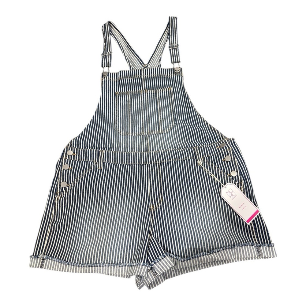 No Boundaries Navy and White Striped Soft Jean Shortall Overalls XXL